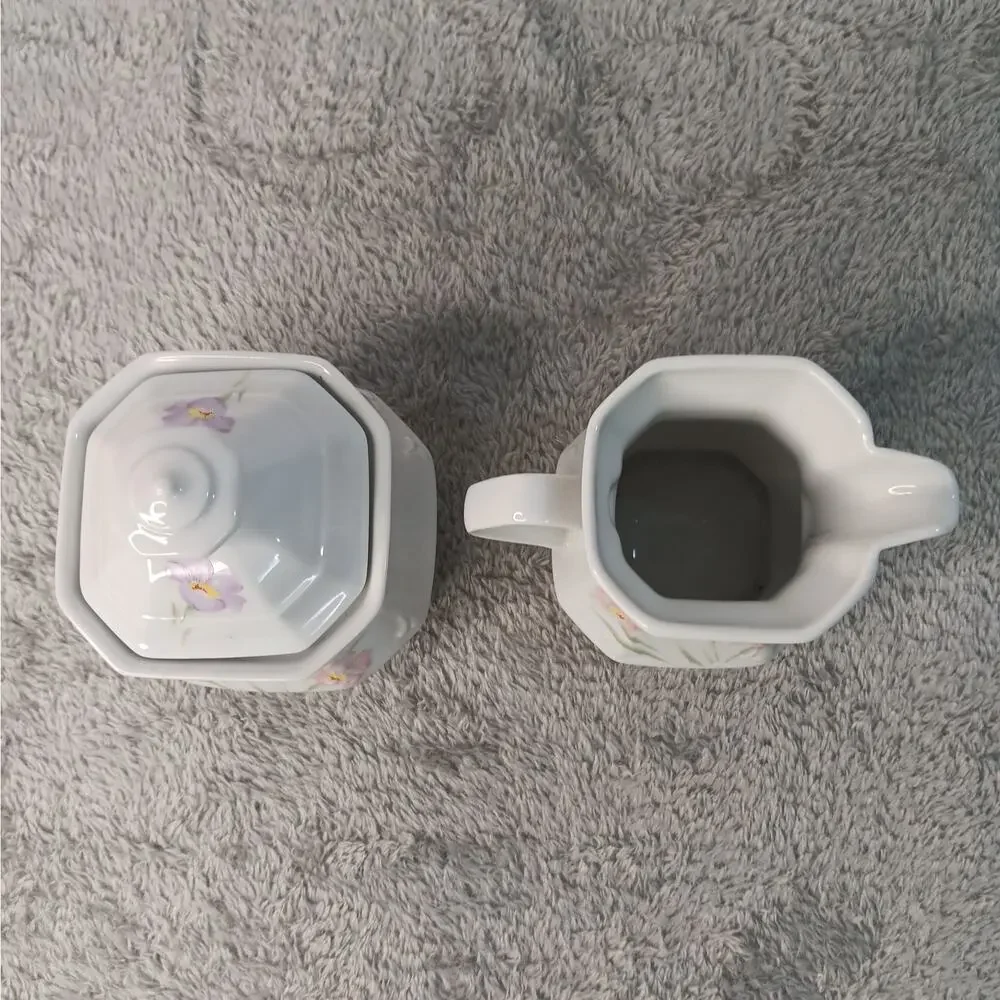 Mitterteich Floral Creamer and Sugar Dish Bowl with Lid White Purple Vintage